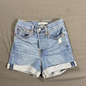 Levi's Wedgie Shorts Size 25 Distressed Denim High Rise Button Fly Rolled Hem